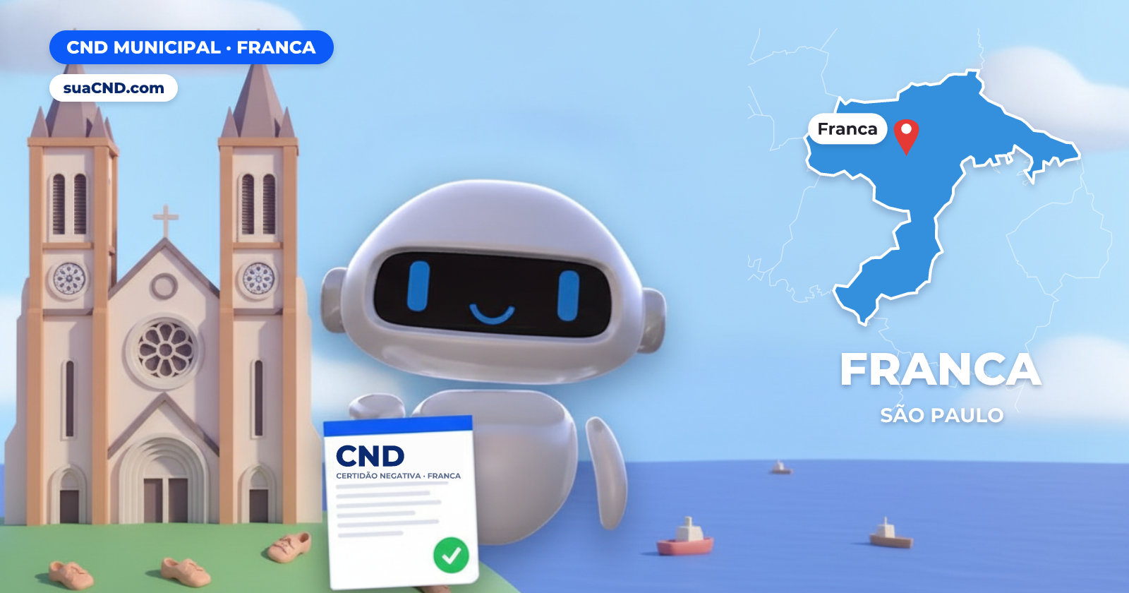 Mascote da suaCND segurando a CND Municipal de Franca, com o mapa de Franca e Catedral Nossa Senhora da Conceição, no centro de Franca (SP) ao fundo
