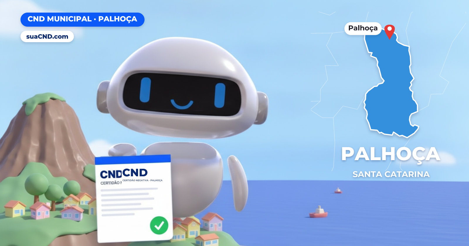 Mascote da suaCND segurando a CND Municipal de Palhoça, com o mapa de Palhoça e Morro do Cambirela, Palhoça (SC) ao fundo