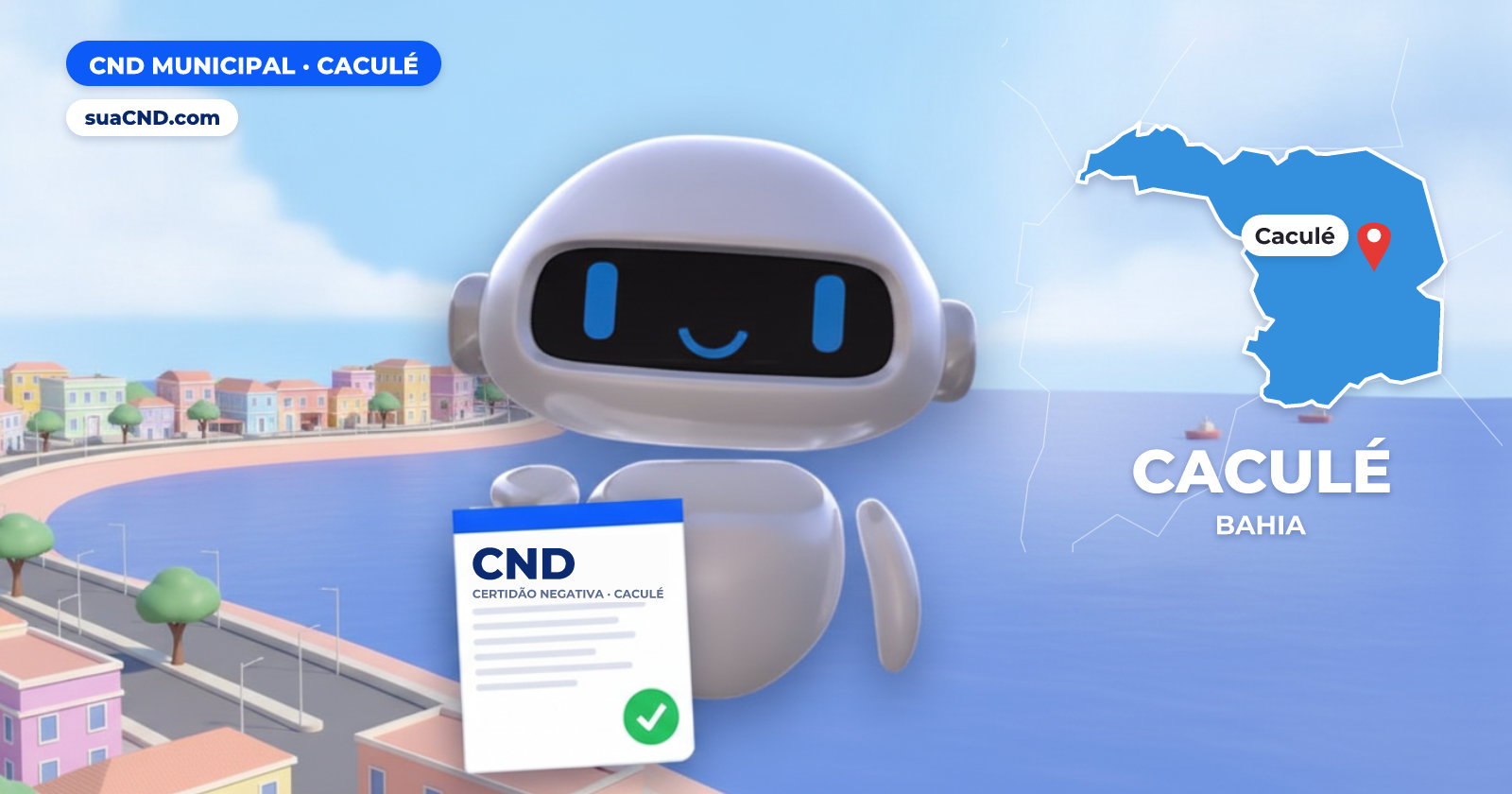 Mascote da suaCND segurando a CND Municipal de Caculé, com o mapa de Caculé e Lagoa Manoel Caculé, no centro de Caculé (BA) ao fundo