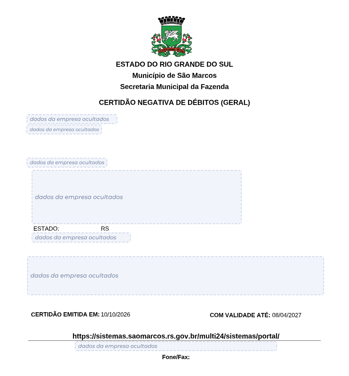 Modelo de Certidão Negativa de Débitos da Prefeitura de São Marcos, com os dados da empresa ocultados