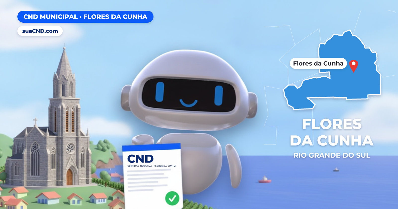 Mascote da suaCND segurando a CND Municipal de Flores da Cunha, com o mapa de Flores da Cunha e Igreja Matriz Nossa Senhora de Lourdes e o campanário de pedra, em Flores da Cunha (RS) ao fundo