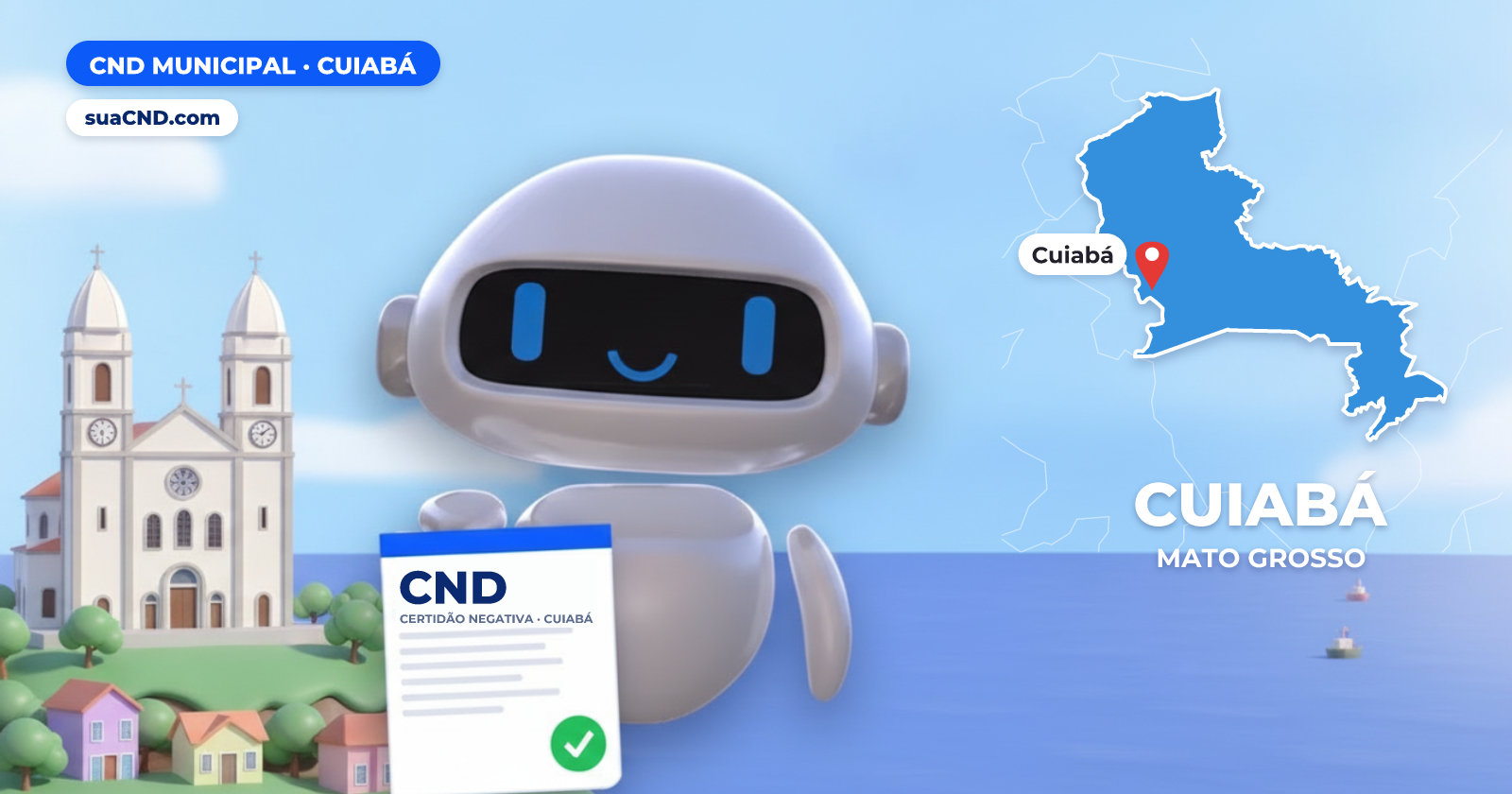 Mascote da suaCND segurando a CND Municipal de Cuiabá, com o mapa de Cuiabá e Catedral Basílica do Senhor Bom Jesus, na Praça da República, em Cuiabá ao fundo