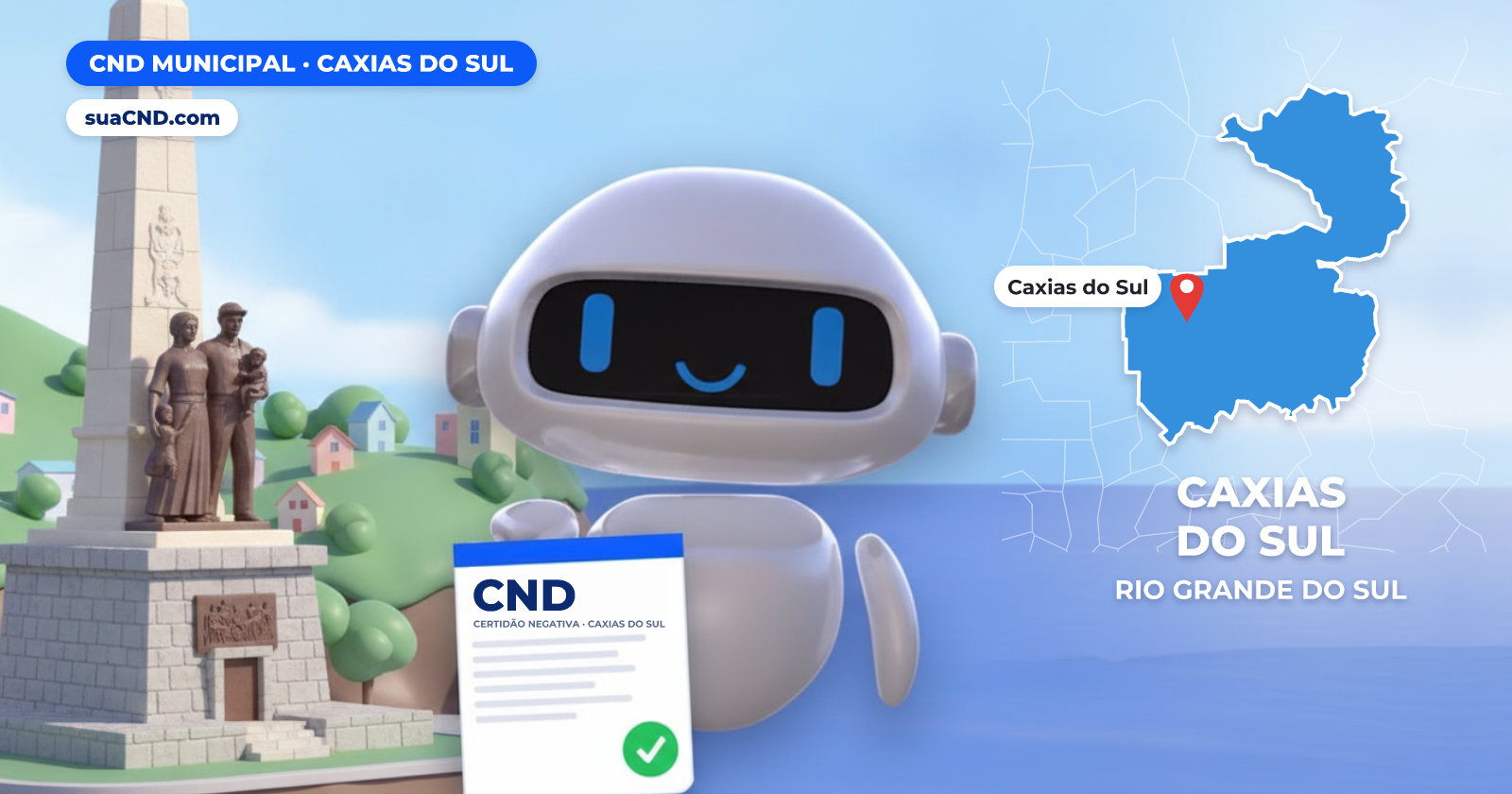 Mascote da suaCND segurando a CND Municipal de Caxias do Sul, com o mapa de Caxias do Sul e Monumento Nacional ao Imigrante, em Caxias do Sul ao fundo
