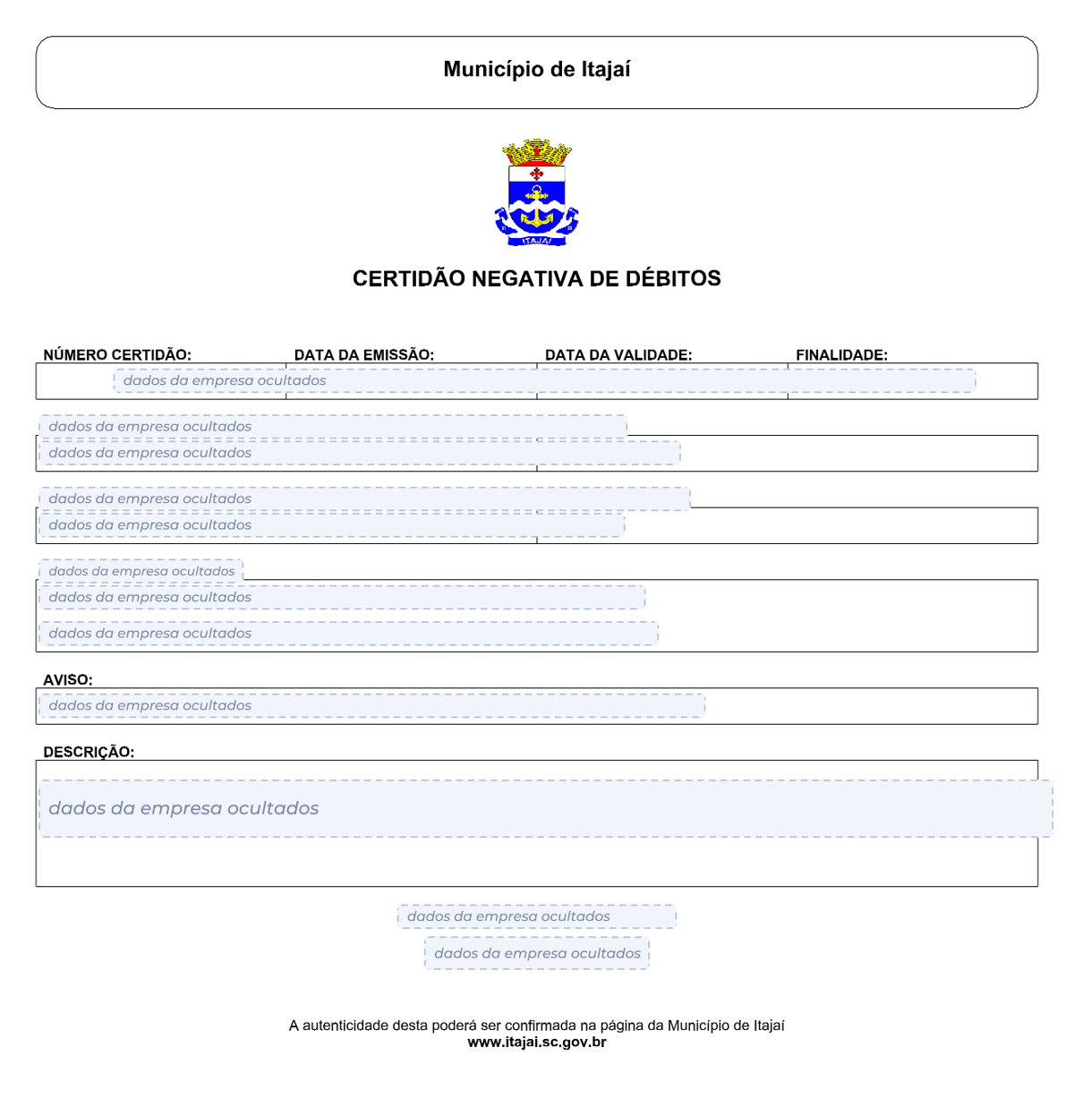 Modelo de Certidão Negativa de Débitos da Prefeitura de Itajaí, com os dados da empresa ocultados