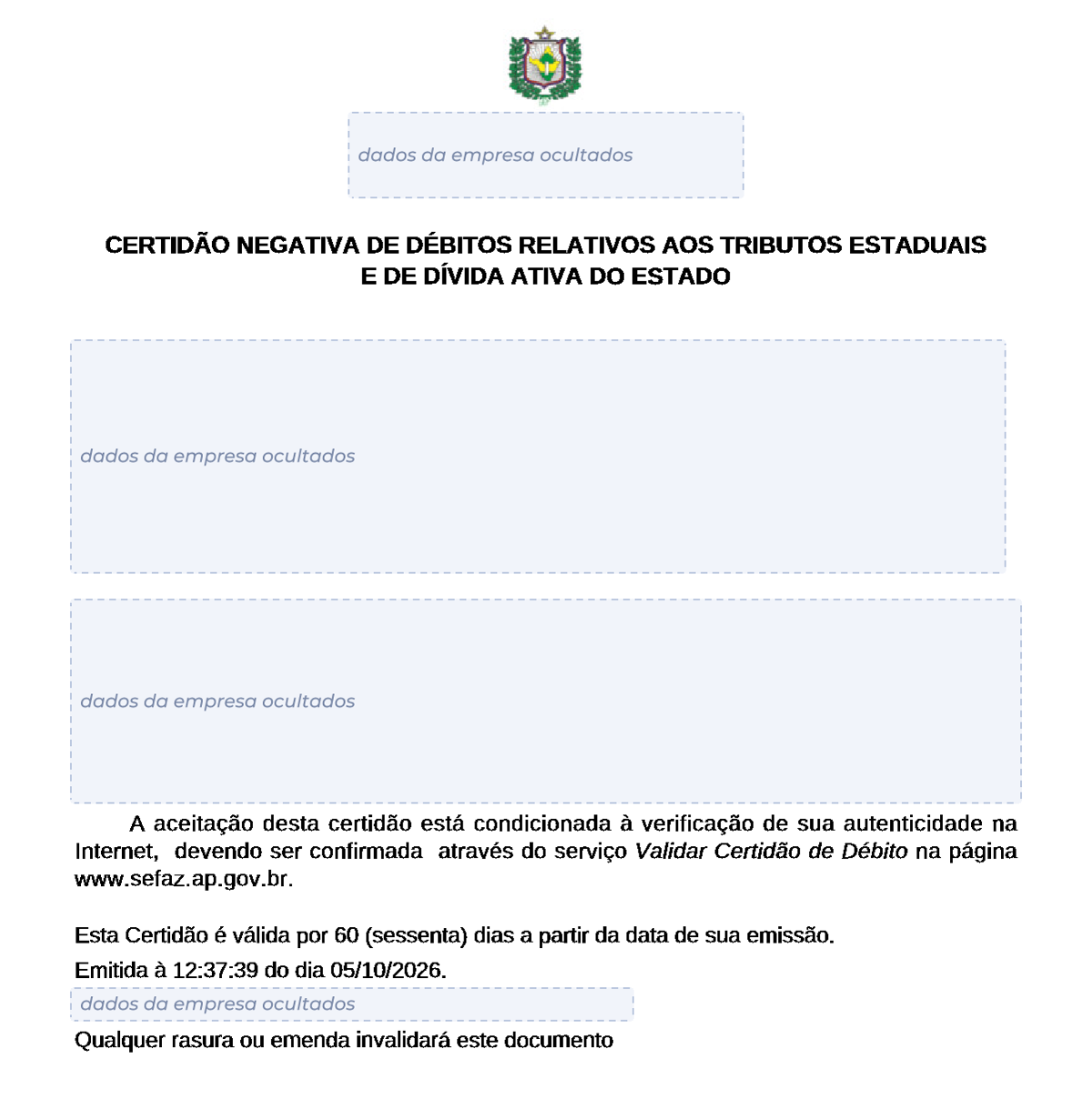 Modelo de Certidão Negativa de Débitos estaduais de Amapá, com os dados da empresa ocultados