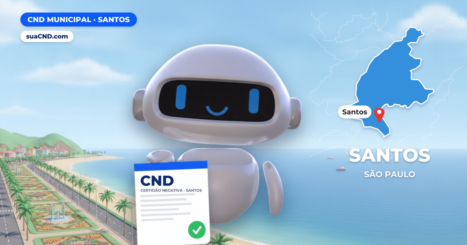 Mascote da suaCND segurando a CND Municipal de Santos, com o mapa de Santos e Jardim da Orla de Santos ao fundo