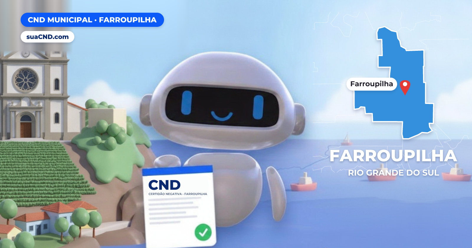 Mascote da suaCND segurando a CND Municipal de Farroupilha, com o mapa de Farroupilha e Santuário de Nossa Senhora de Caravaggio, em Farroupilha (RS) ao fundo
