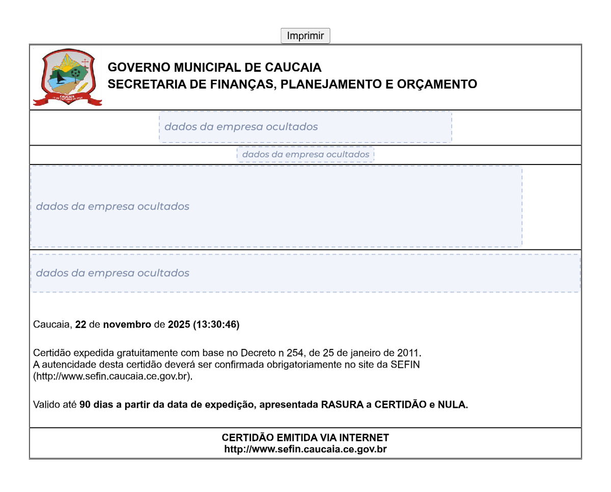 Modelo de Certidão Negativa de Débitos da Prefeitura de Caucaia, com os dados da empresa ocultados