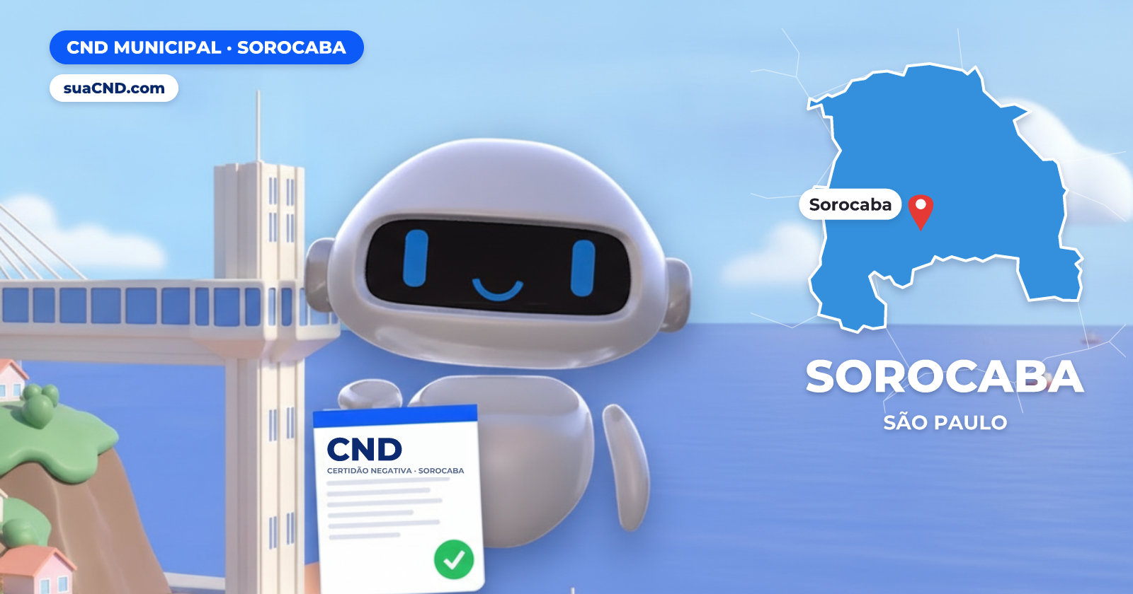 Mascote da suaCND segurando a CND Municipal de Sorocaba, com o mapa de Sorocaba e Ponte Estaiada de Sorocaba (SP) ao fundo