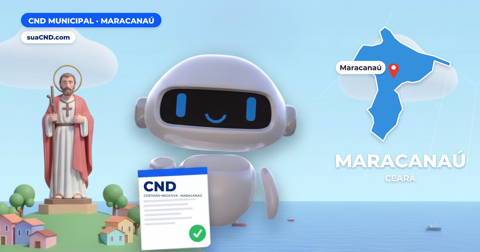Mascote da suaCND segurando a CND Municipal de Maracanaú, com o mapa de Maracanaú e Estátua de São José em frente à Igreja Matriz, na Praça da Estação ao fundo