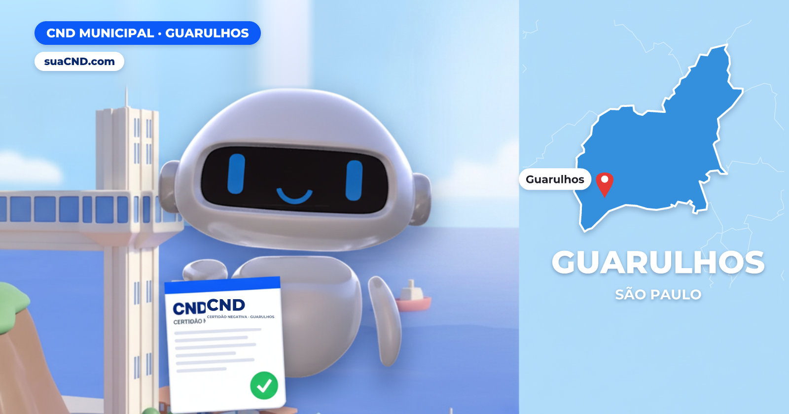 Mascote da suaCND segurando a CND Municipal de Guarulhos, com o mapa de Guarulhos e Aeroporto Internacional de São Paulo/Guarulhos ao fundo