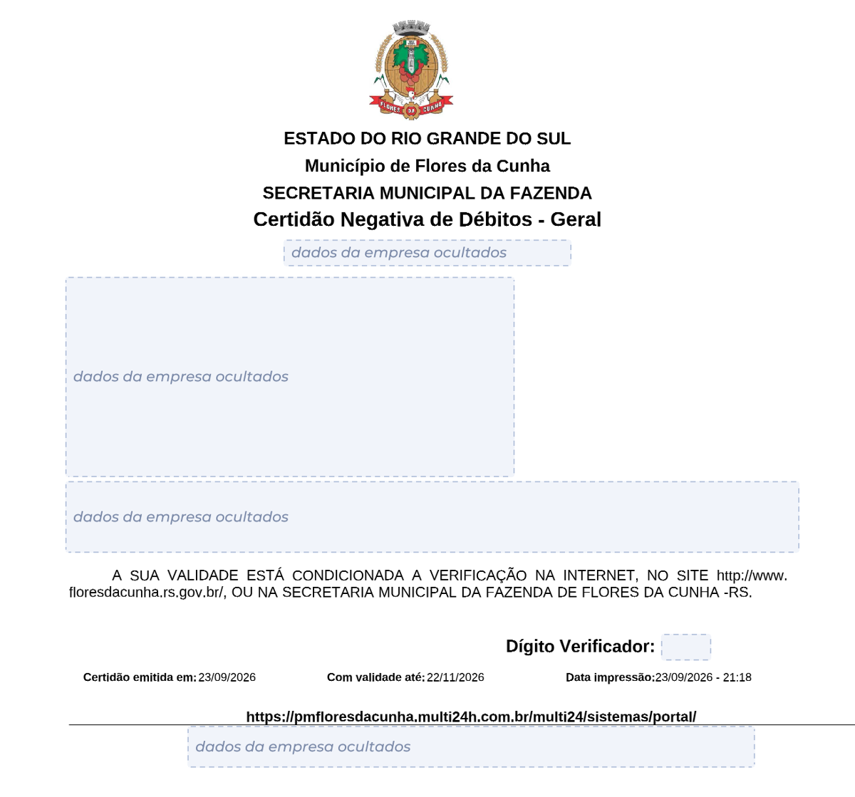 Modelo de Certidão Negativa de Débitos da Prefeitura de Flores da Cunha, com os dados da empresa ocultados