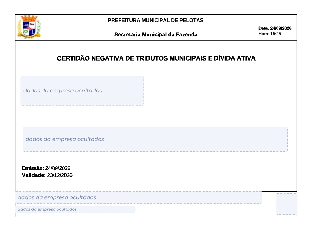 Modelo de Certidão Negativa de Débitos da Prefeitura de Pelotas, com os dados da empresa ocultados