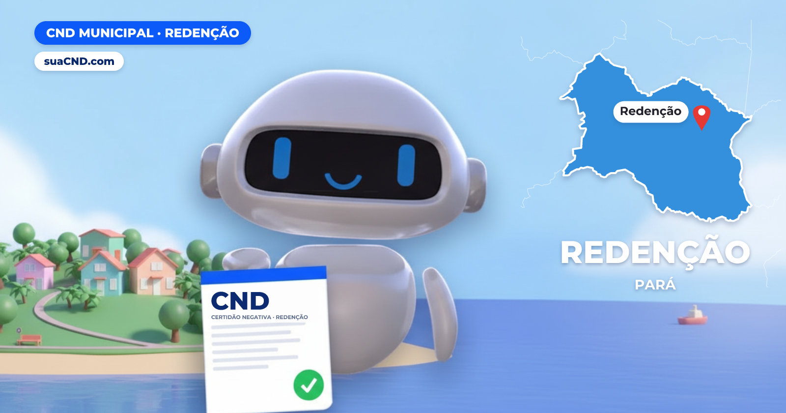 Mascote da suaCND segurando a CND Municipal de Redenção, com o mapa de Redenção e Parque Natural Municipal de Redenção (PA) ao fundo