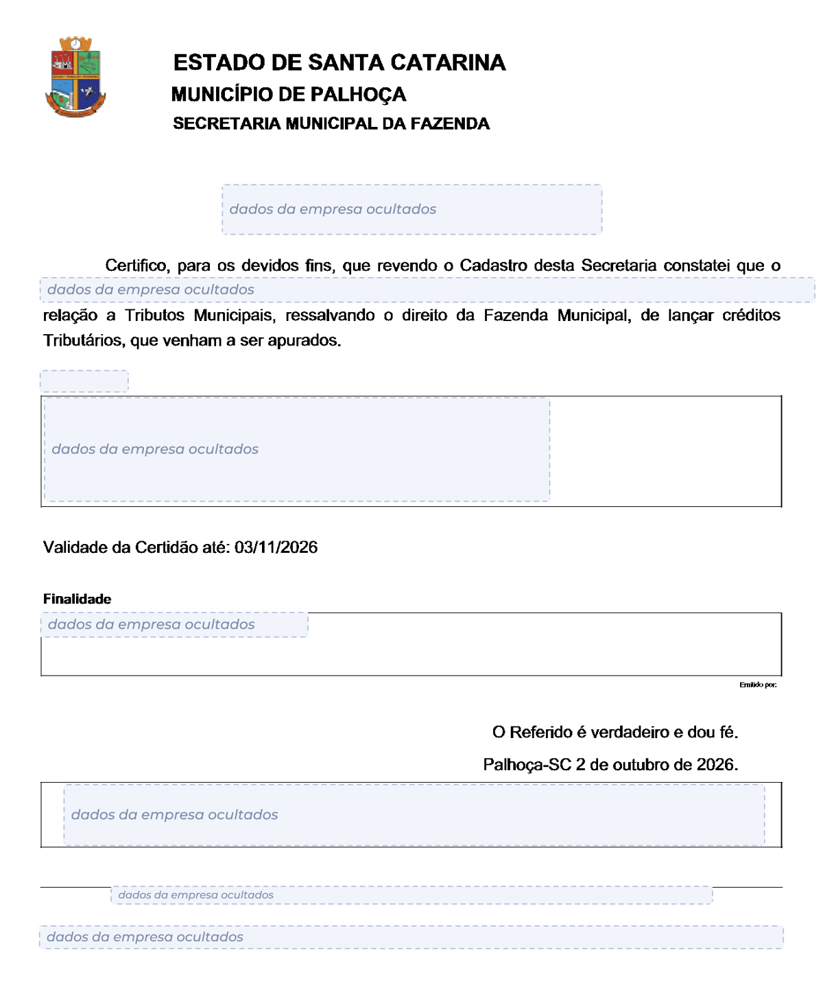 Modelo de Certidão Negativa de Débitos da Prefeitura de Palhoça, com os dados da empresa ocultados