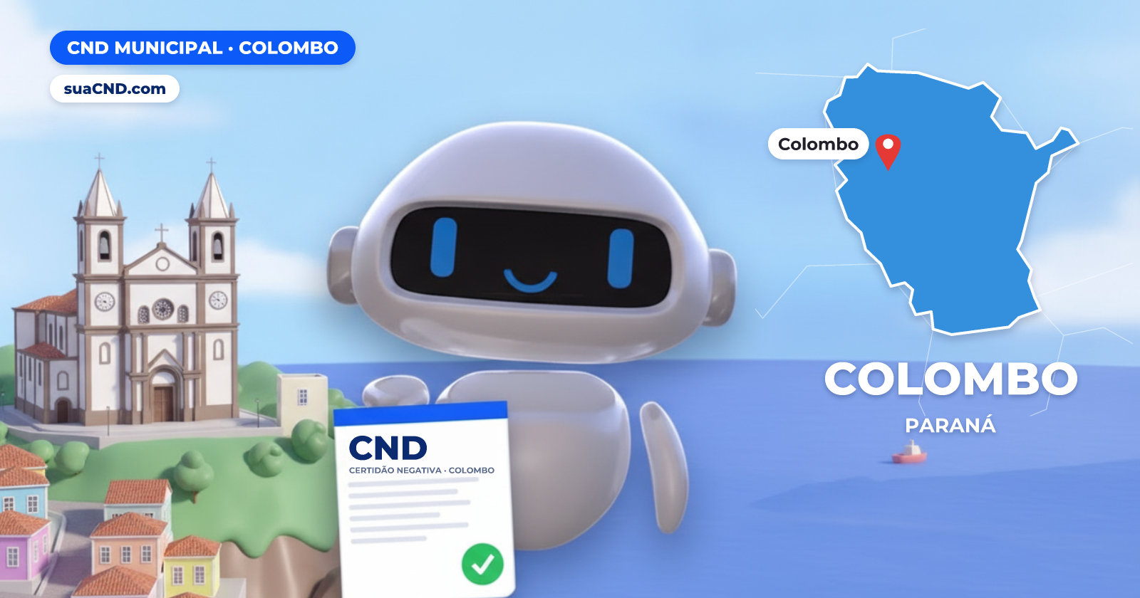 Mascote da suaCND segurando a CND Municipal de Colombo, com o mapa de Colombo e Igreja Matriz Nossa Senhora do Rosário, em Colombo (PR) ao fundo