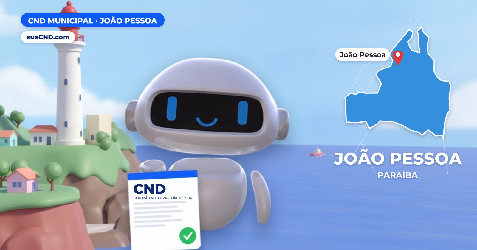 Mascote da suaCND segurando a CND Municipal de João Pessoa, com o mapa de João Pessoa e Farol do Cabo Branco, em João Pessoa ao fundo
