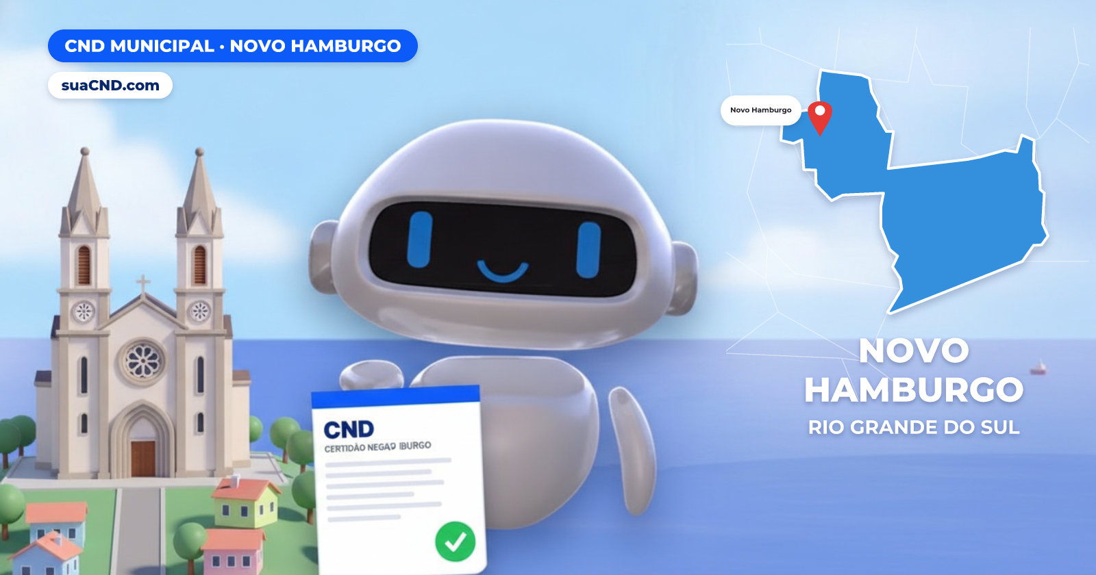 Mascote da suaCND segurando a CND Municipal de Novo Hamburgo, com o mapa de Novo Hamburgo e Catedral Basílica São Luiz Gonzaga, igreja matriz de Novo Hamburgo ao fundo