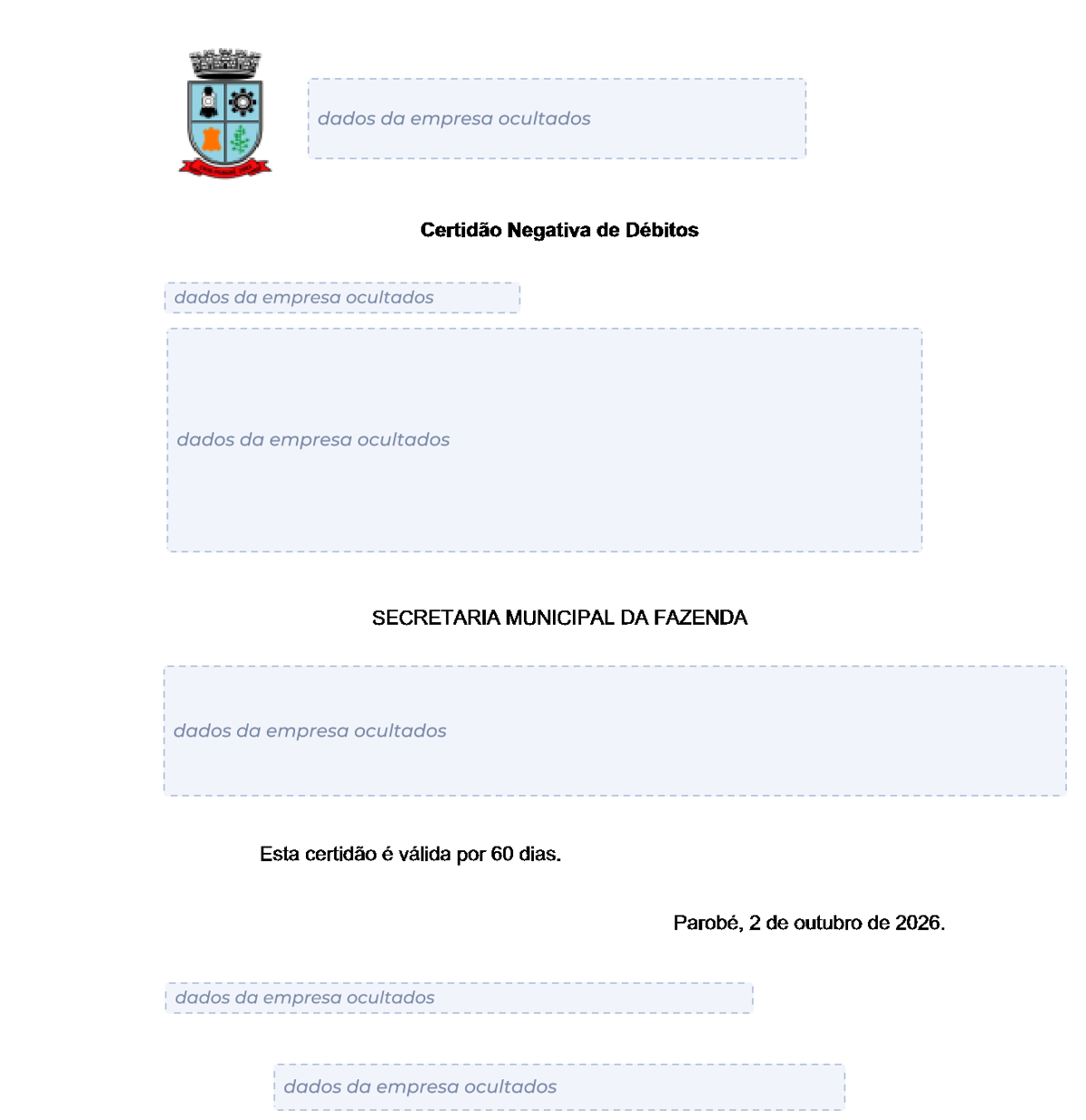 Modelo de Certidão Negativa de Débitos da Prefeitura de Parobé, com os dados da empresa ocultados