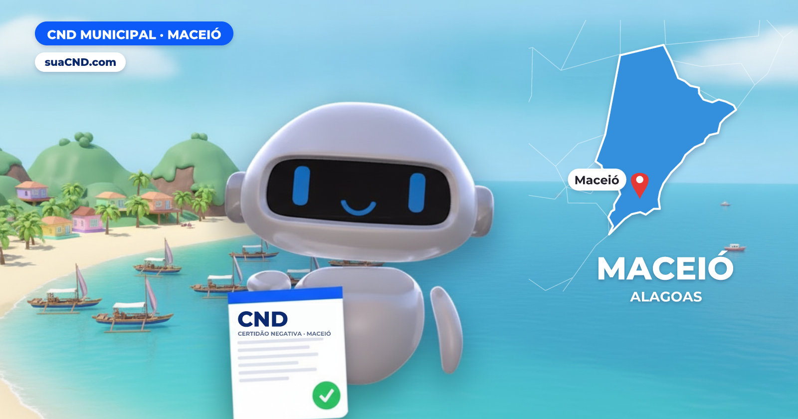 Mascote da suaCND segurando a CND Municipal de Maceió, com o mapa de Maceió e Praia de Pajuçara e suas jangadas, em Maceió ao fundo