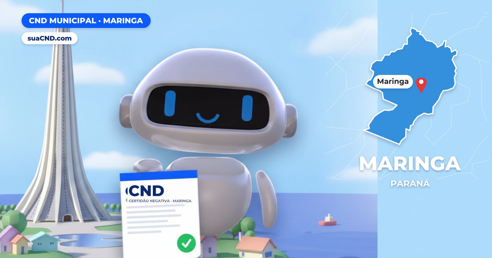 Mascote da suaCND segurando a CND Municipal de Maringa, com o mapa de Maringa e Catedral Basílica Menor Nossa Senhora da Glória, a Catedral de Maringá ao fundo