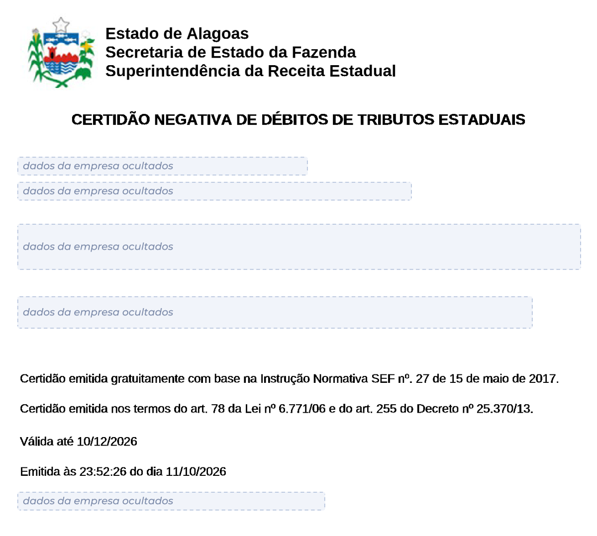 Modelo de Certidão Negativa de Débitos estaduais de Alagoas, com os dados da empresa ocultados