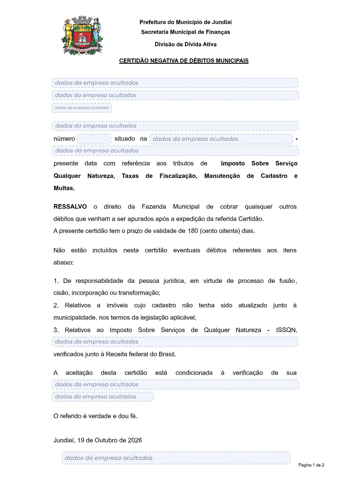 Modelo de Certidão Negativa de Débitos da Prefeitura de Jundiaí, com os dados da empresa ocultados