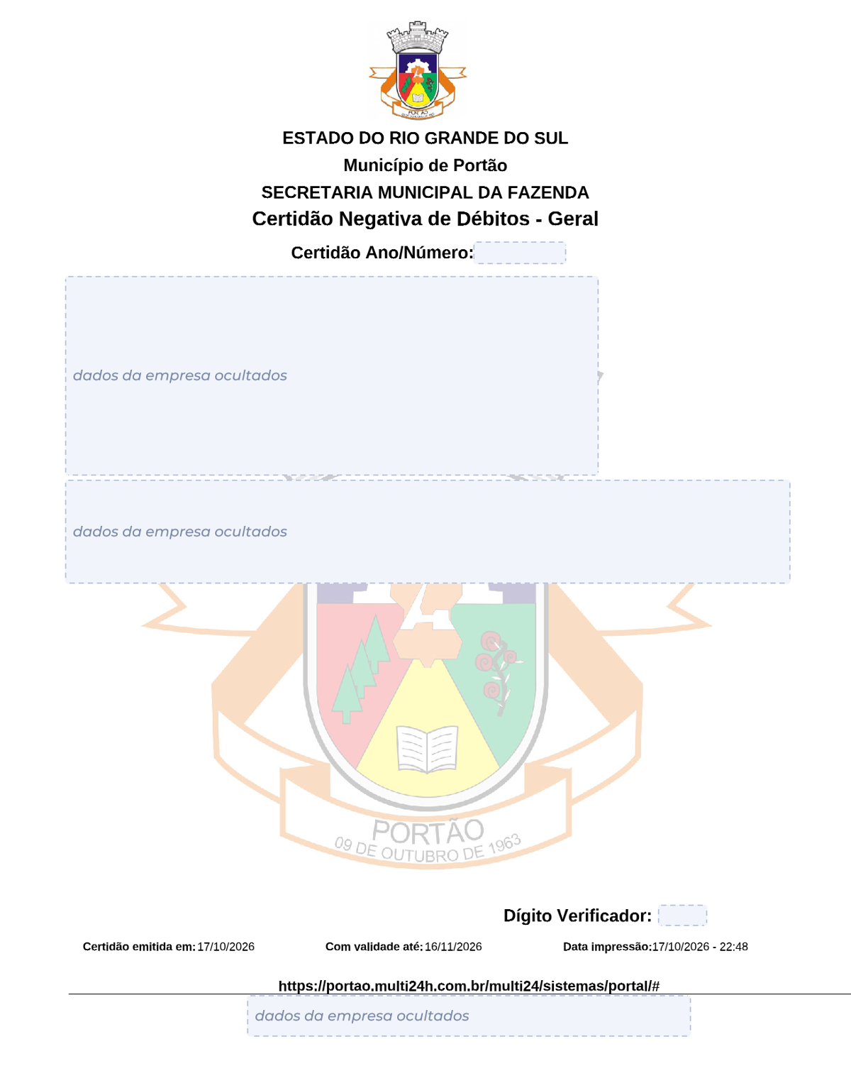 Modelo de Certidão Negativa de Débitos da Prefeitura de Portão, com os dados da empresa ocultados