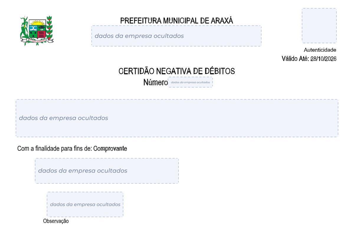 Modelo de Certidão Negativa de Débitos da Prefeitura de Araxá, com os dados da empresa ocultados