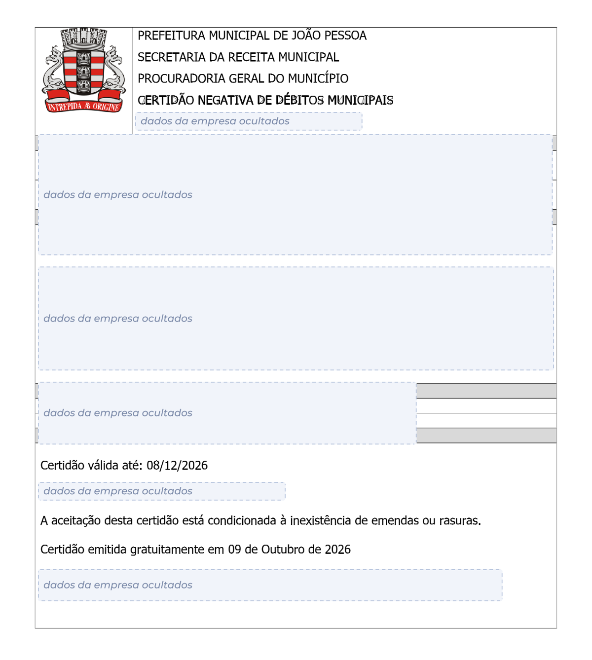 Modelo de Certidão Negativa de Débitos da Prefeitura de João Pessoa, com os dados da empresa ocultados