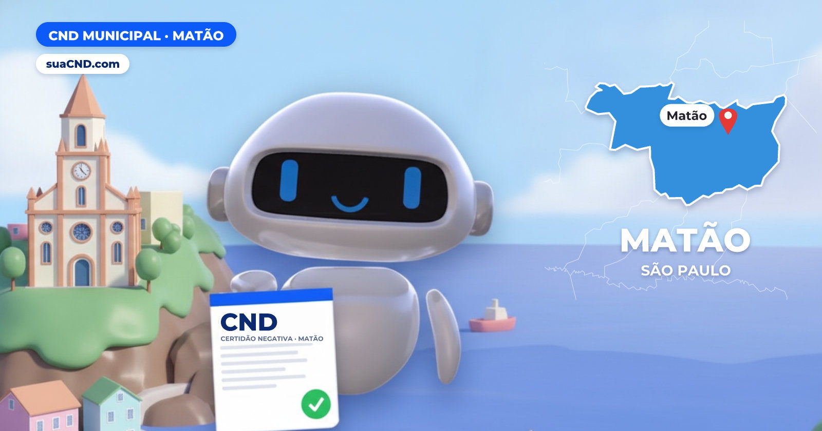 Mascote da suaCND segurando a CND Municipal de Matão, com o mapa de Matão e Igreja Matriz Senhor Bom Jesus, em Matão ao fundo