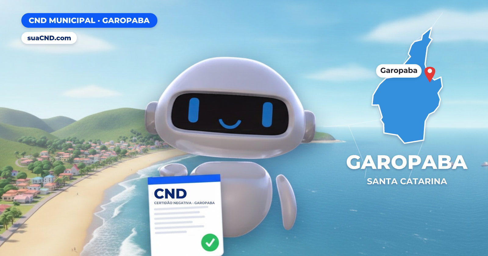 Mascote da suaCND segurando a CND Municipal de Garopaba, com o mapa de Garopaba e Orla de Garopaba, em Santa Catarina ao fundo