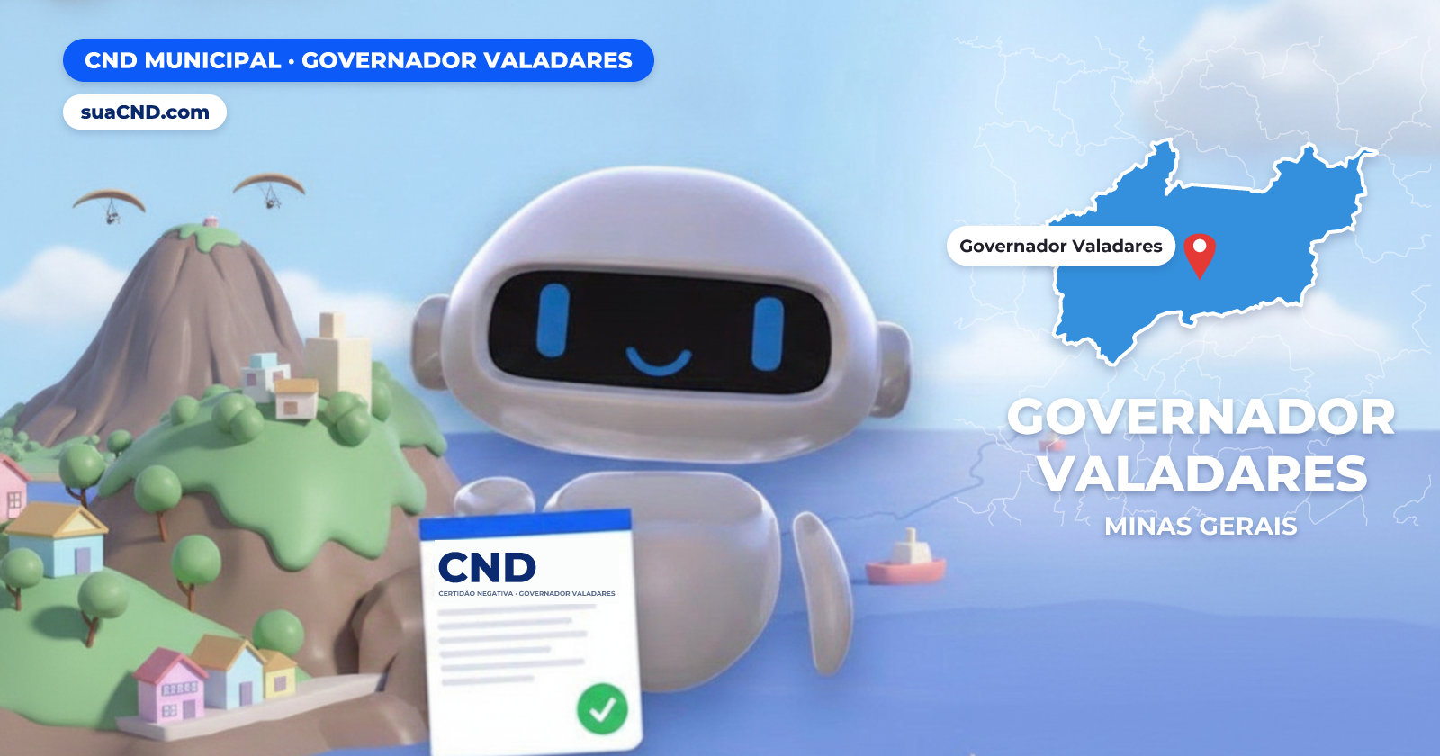 Mascote da suaCND segurando a CND Municipal de Governador Valadares, com o mapa de Governador Valadares e Pico do Ibituruna ao fundo