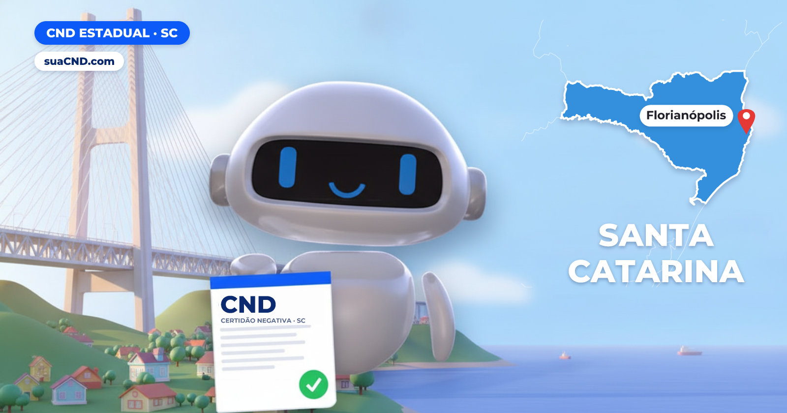 Mascote da suaCND segurando a CND Estadual, com o mapa de Santa Catarina e Ponte Hercílio Luz, em Florianópolis ao fundo