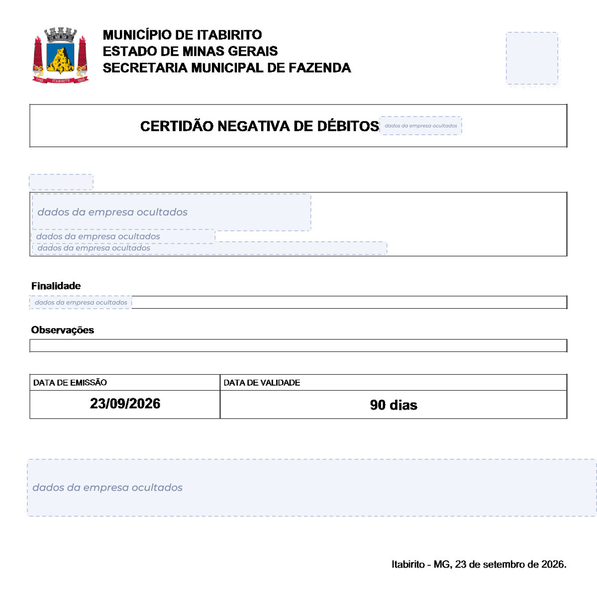 Modelo de Certidão Negativa de Débitos da Prefeitura de Itabirito, com os dados da empresa ocultados