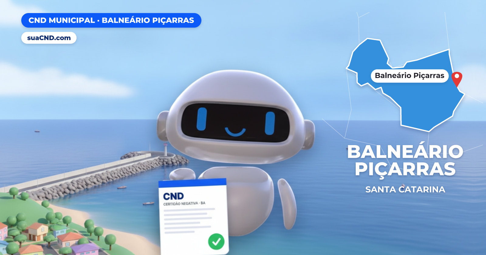 Mascote da suaCND segurando a CND Municipal de Balneário Piçarras, com o mapa de Balneário Piçarras e Molhe Turístico Joaquim Pires ao fundo