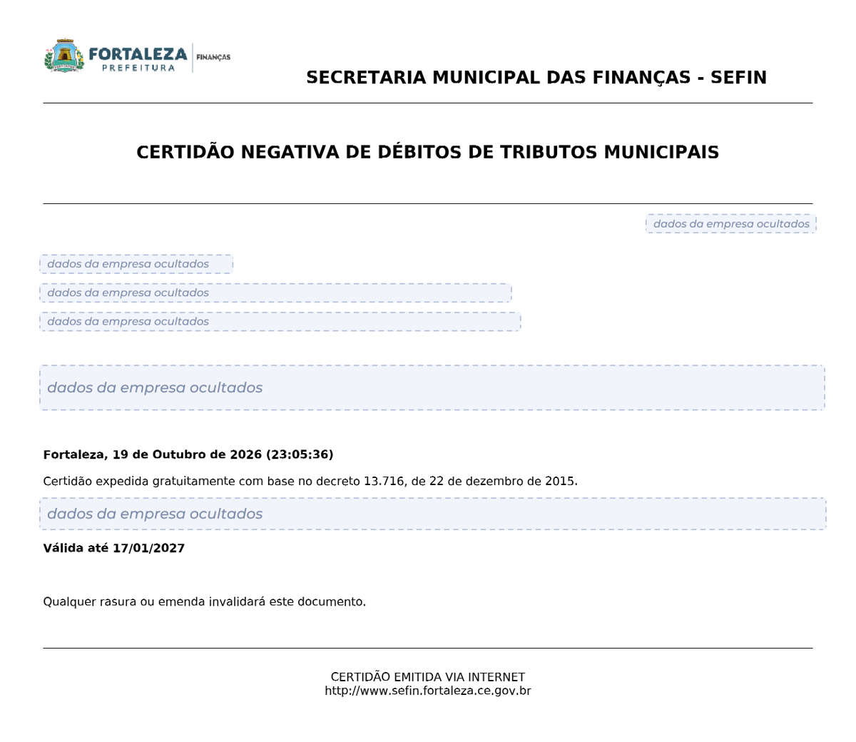 Modelo de Certidão Negativa de Débitos da Prefeitura de Fortaleza, com os dados da empresa ocultados