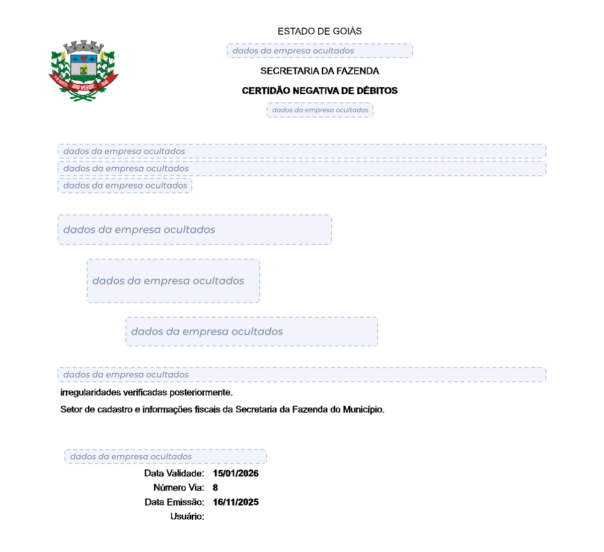 Modelo de Certidão Negativa de Débitos da Prefeitura de Rio Verde, com os dados da empresa ocultados