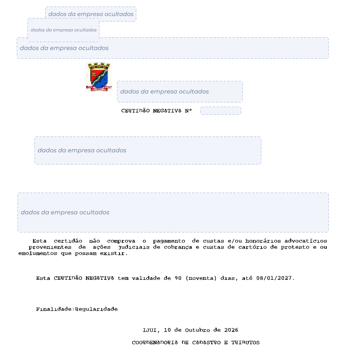 Modelo de Certidão Negativa de Débitos da Prefeitura de Ijuí, com os dados da empresa ocultados