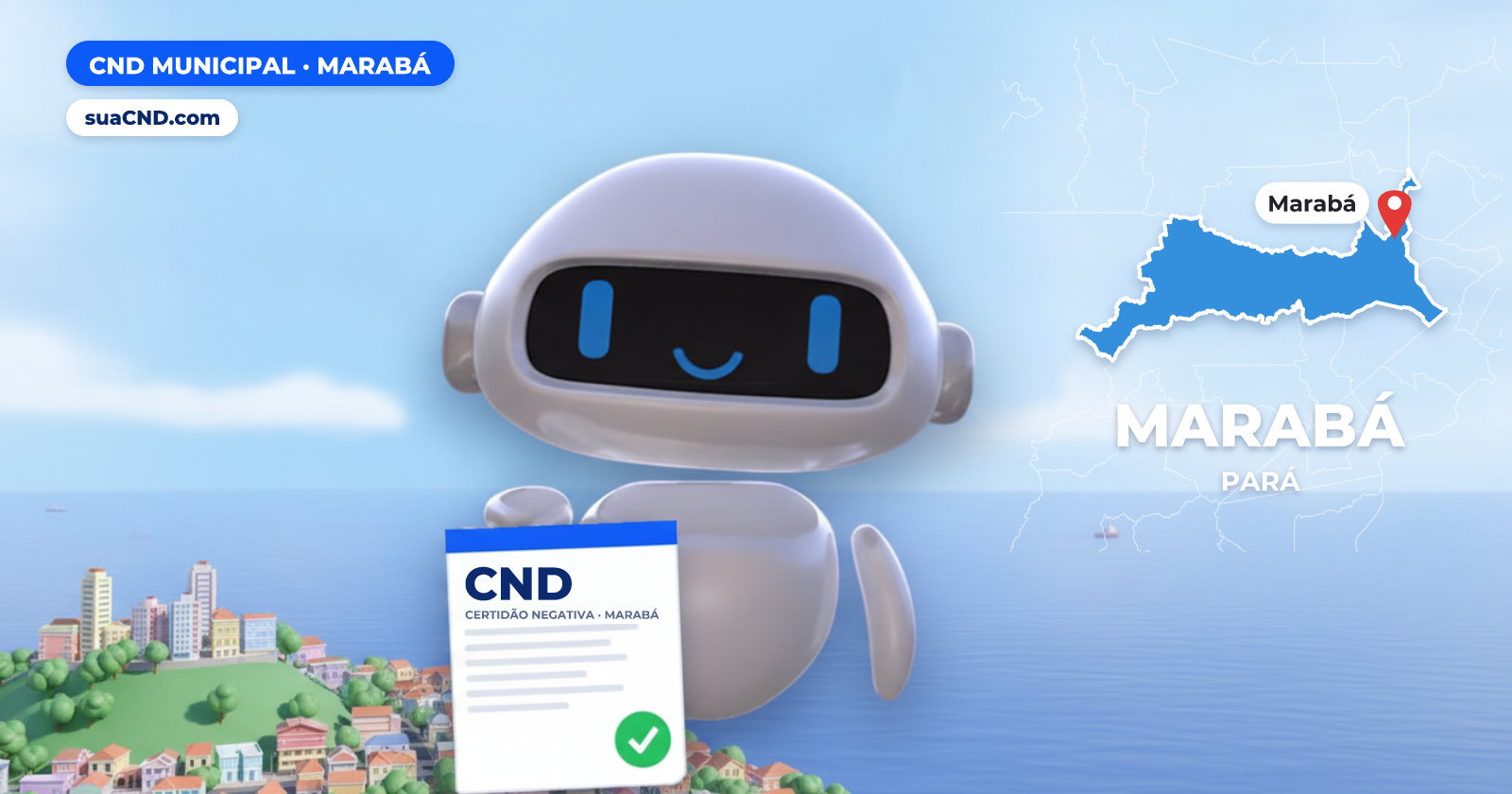 Mascote da suaCND segurando a CND Municipal de Marabá, com o mapa de Marabá e Encontro dos rios Tocantins e Itacaiúnas, na orla de Marabá ao fundo