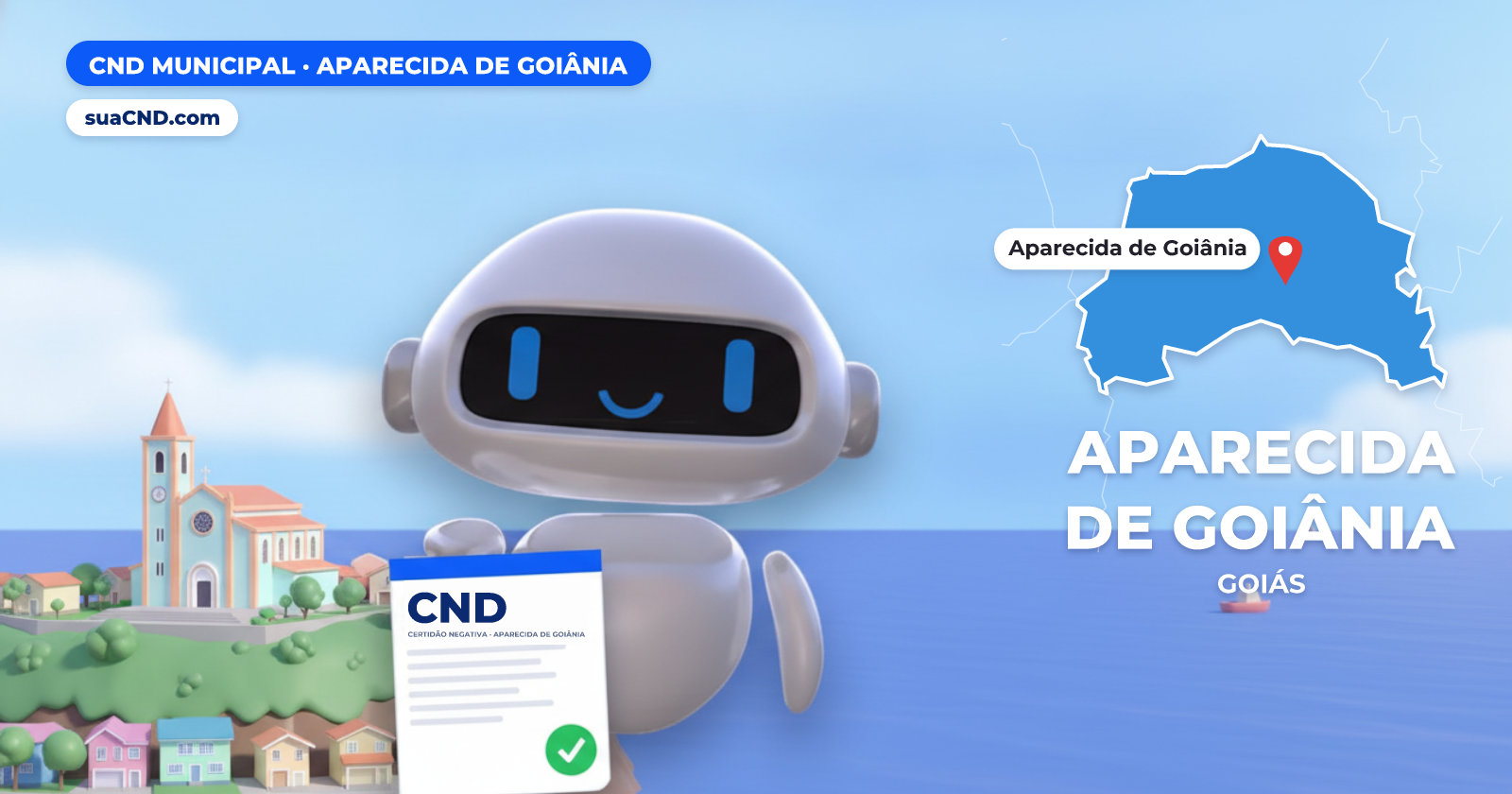 Mascote da suaCND segurando a CND Municipal de Aparecida de Goiânia, com o mapa de Aparecida de Goiânia e Igreja matriz de Nossa Senhora Aparecida, no centro de Aparecida de Goiânia ao fundo