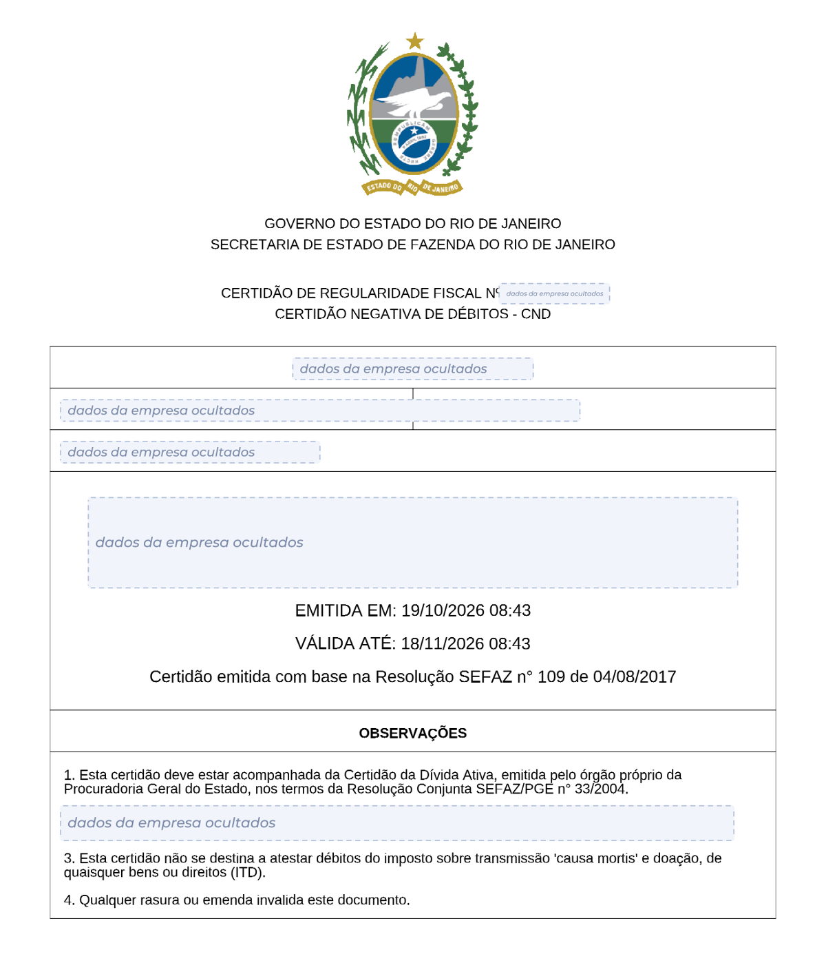 Modelo de certidão negativa estadual do Rio de Janeiro, com os dados da empresa ocultados