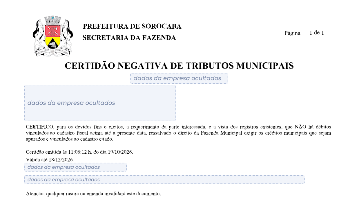 Modelo de Certidão Negativa de Débitos da Prefeitura de Sorocaba, com os dados da empresa ocultados