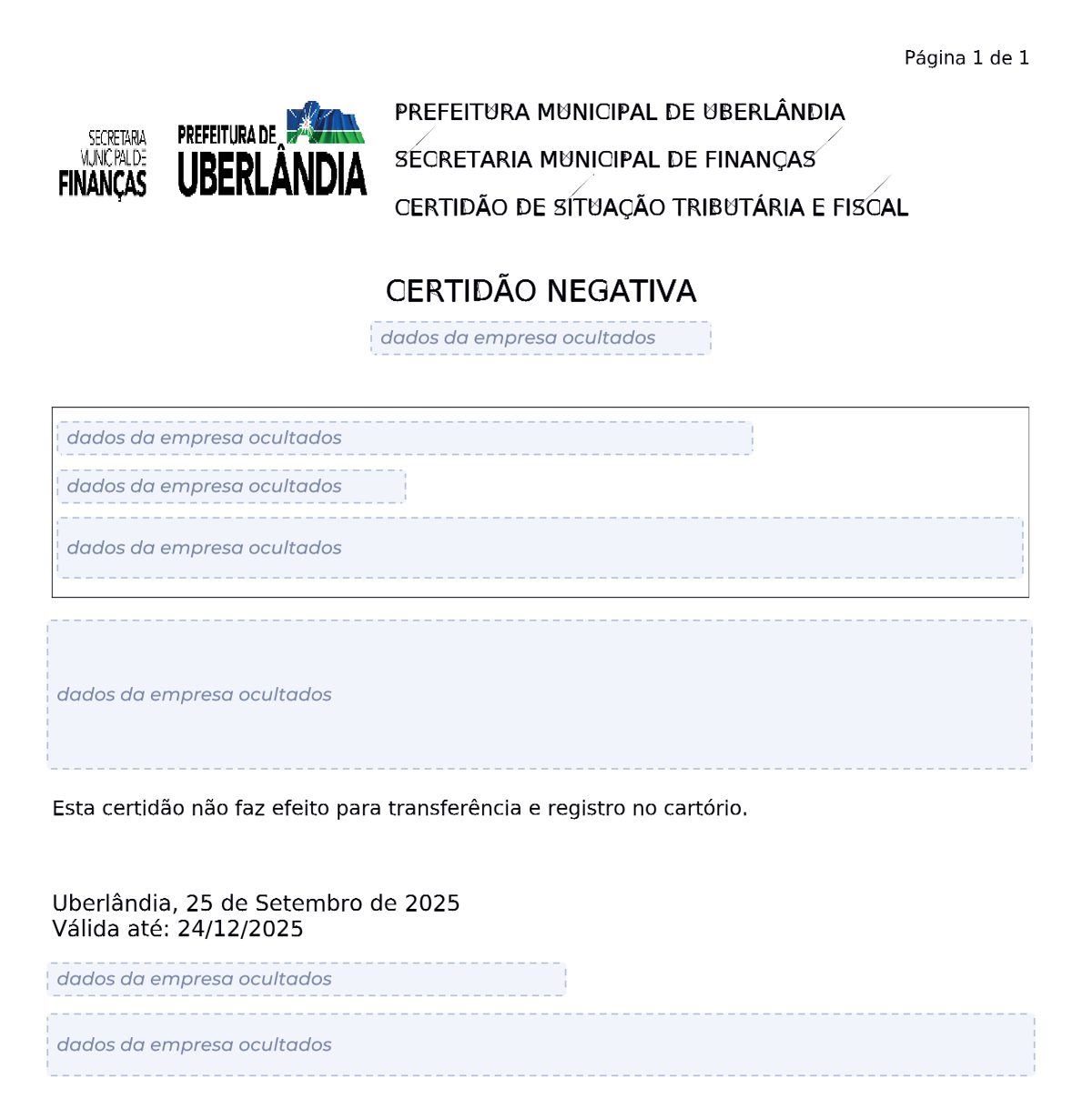 Modelo de Certidão Negativa de Débitos da Prefeitura de Uberlandia, com os dados da empresa ocultados