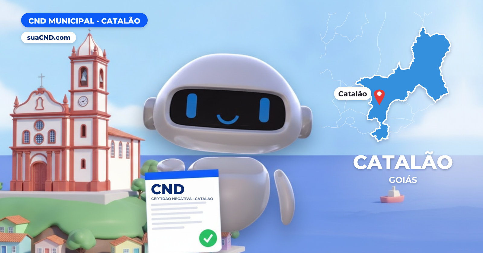 Mascote da suaCND segurando a CND Municipal de Catalão, com o mapa de Catalão e Igreja de Nossa Senhora do Rosário, em Catalão (GO) ao fundo