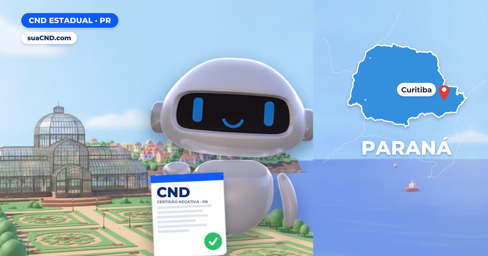 Mascote da suaCND segurando a CND Estadual, com o mapa do Paraná e Estufa do Jardim Botânico de Curitiba ao fundo