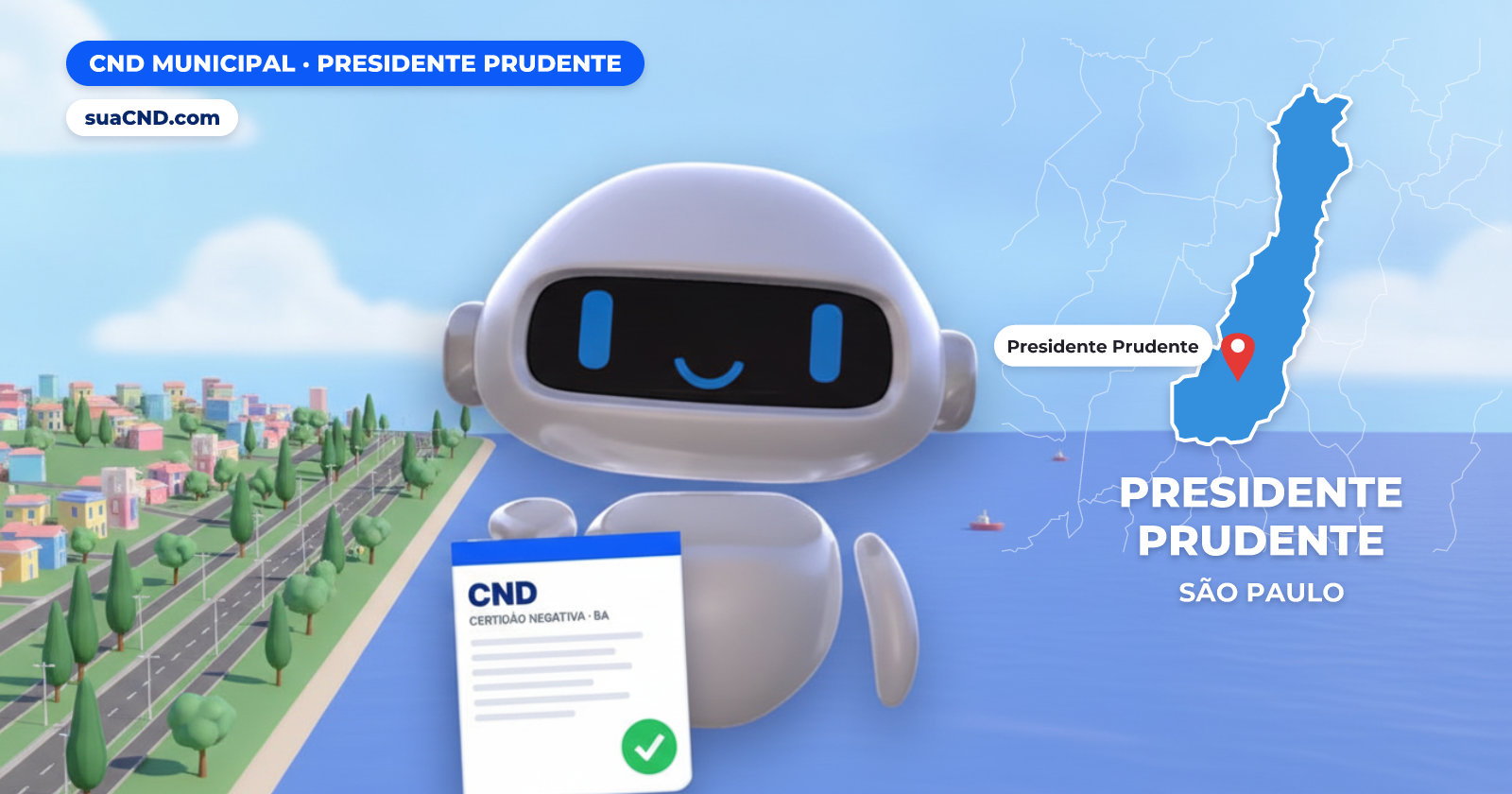 Mascote da suaCND segurando a CND Municipal de Presidente Prudente, com o mapa de Presidente Prudente e Parque do Povo, cartão-postal de Presidente Prudente ao fundo