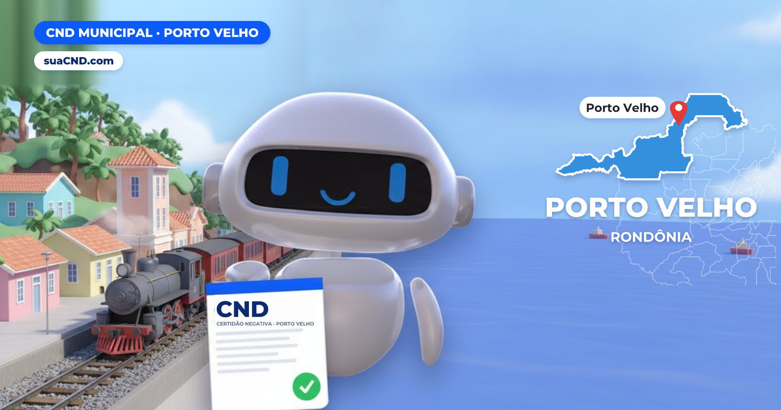 Mascote da suaCND segurando a CND Municipal de Porto Velho, com o mapa de Porto Velho e Estrada de Ferro Madeira-Mamoré, Porto Velho (RO) ao fundo