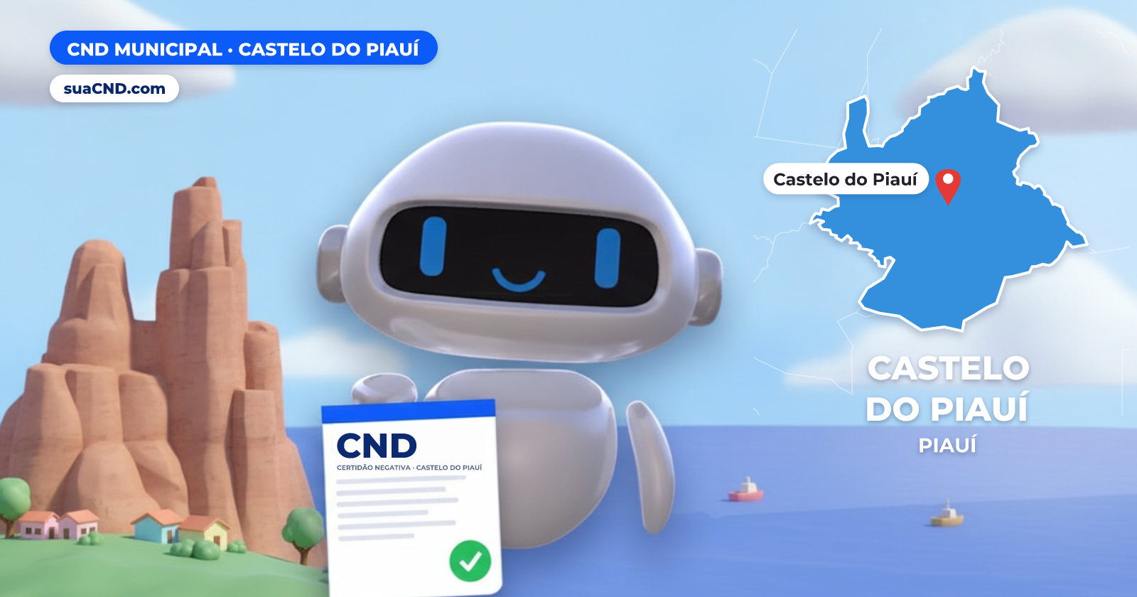 Mascote da suaCND segurando a CND Municipal de Castelo do Piauí, com o mapa de Castelo do Piauí e Pedra do Castelo ao fundo