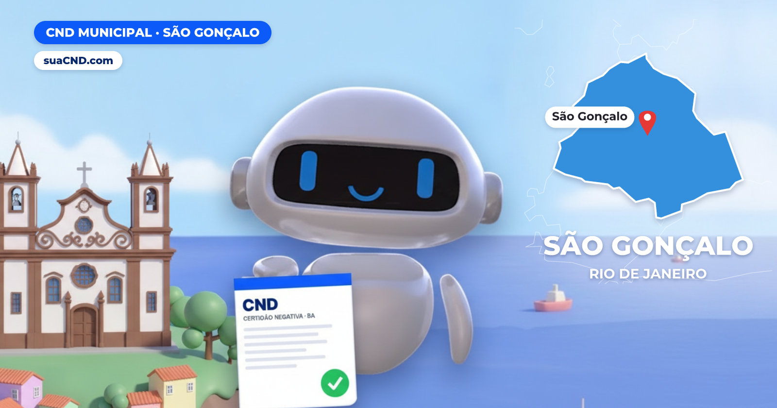 Mascote da suaCND segurando a CND Municipal de São Gonçalo, com o mapa de São Gonçalo e Capela de Nossa Senhora da Luz, em Itaoca, São Gonçalo ao fundo